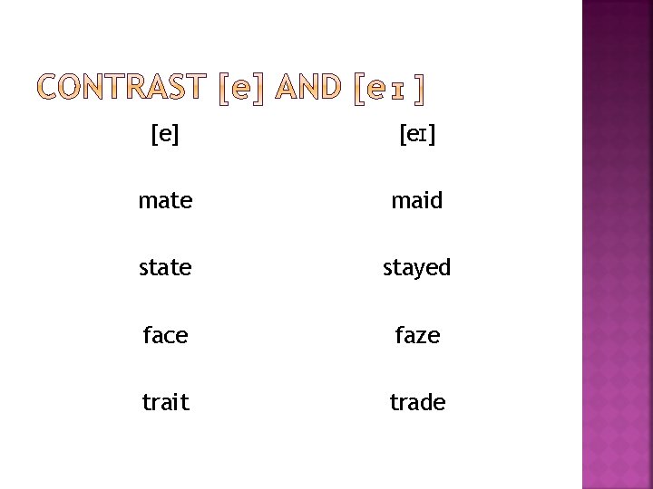 [e] [eɪ] mate maid state stayed face faze trait trade 