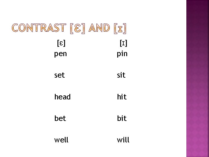 [ɛ] pen [ɪ] pin set sit head hit bet bit well will 