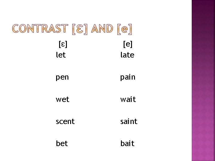 [ɛ] let [e] late pen pain wet wait scent saint bet bait 