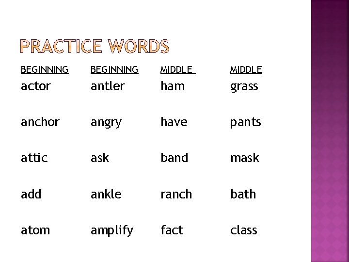 BEGINNING MIDDLE actor antler ham grass anchor angry have pants attic ask band mask