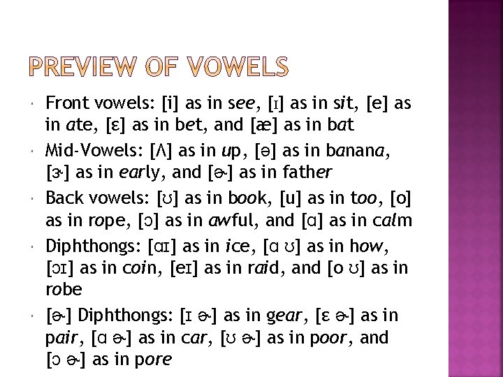  Front vowels: [i] as in see, [I] as in sit, [e] as in