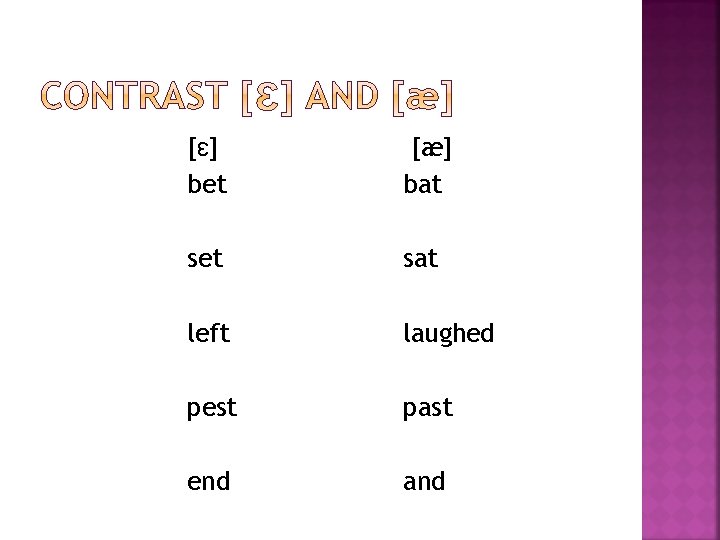 [ɛ] bet [æ] bat set sat left laughed pest past end and 