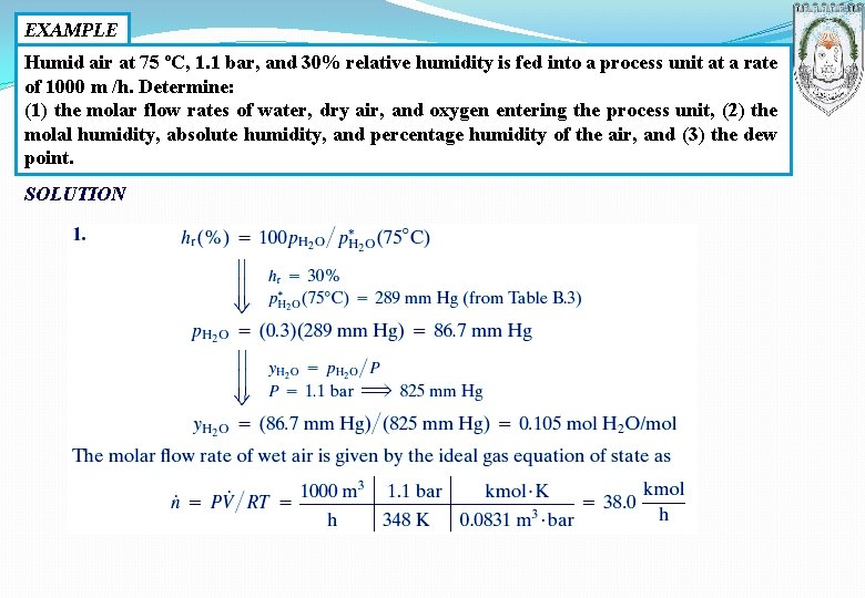 EXAMPLE Humid air at 75 ºC, 1. 1 bar, and 30% relative humidity is