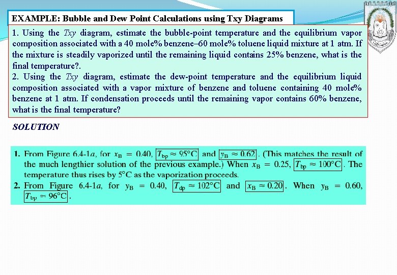 EXAMPLE: Bubble and Dew Point Calculations using Txy Diagrams 1. Using the Txy diagram,