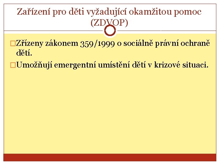 Zařízení pro děti vyžadující okamžitou pomoc (ZDVOP) �Zřízeny zákonem 359/1999 o sociálně právní ochraně