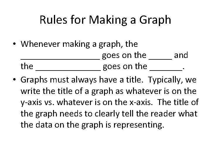 Rules for Making a Graph • Whenever making a graph, the _________ goes on