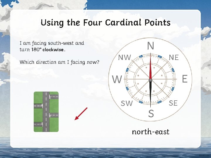 Using the Four Cardinal Points I am facing south-west and turn 180° clockwise. Which