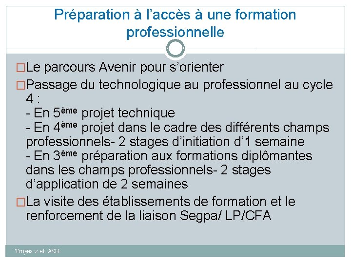 Préparation à l’accès à une formation professionnelle �Le parcours Avenir pour s’orienter �Passage du