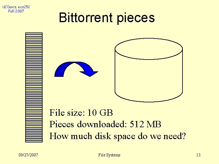 UCDavis, ecs 251 Fall 2007 Bittorrent pieces File size: 10 GB Pieces downloaded: 512