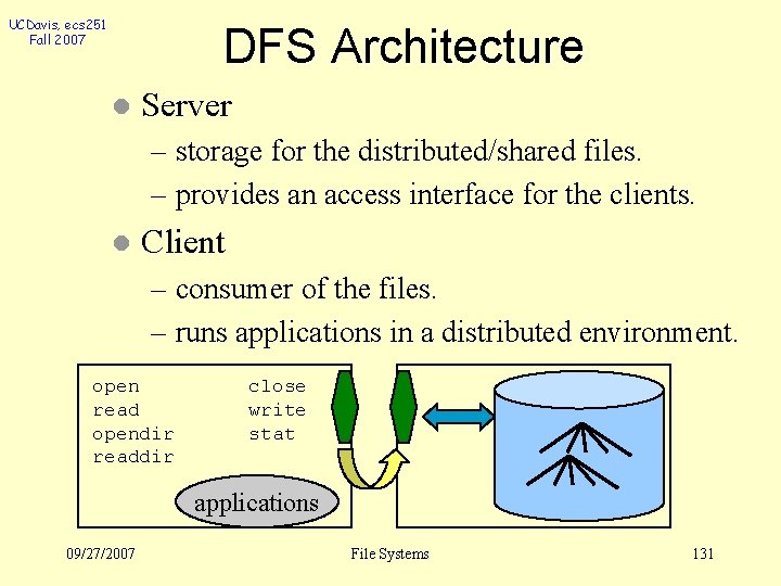 UCDavis, ecs 251 Fall 2007 DFS Architecture l Server – storage for the distributed/shared