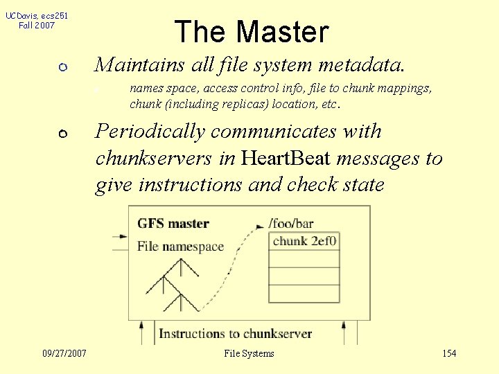 UCDavis, ecs 251 Fall 2007 The Master Maintains all file system metadata. names space,