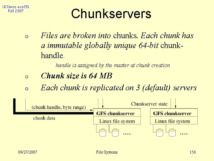 UCDavis, ecs 251 Fall 2007 Chunkservers Files are broken into chunks. Each chunk has