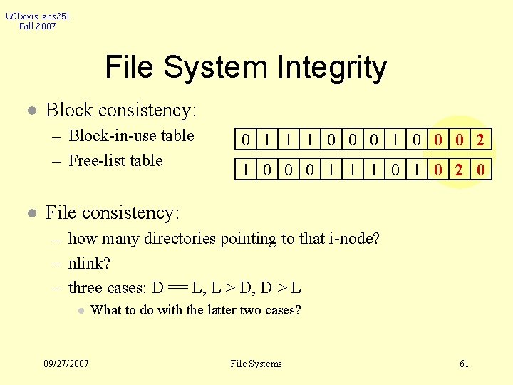 UCDavis, ecs 251 Fall 2007 File System Integrity l Block consistency: – Block-in-use table