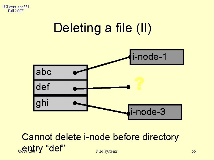 UCDavis, ecs 251 Fall 2007 Deleting a file (II) i-node-1 abc def ghi ?