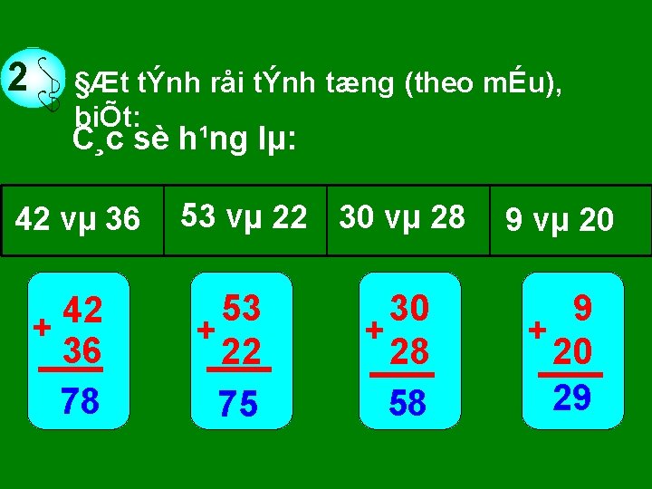  2 §Æt tÝnh råi tÝnh tæng (theo mÉu), biÕt: C¸c sè h¹ng lµ: