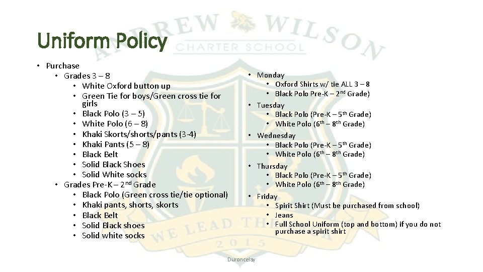 Uniform Policy • Purchase • Grades 3 – 8 • White Oxford button up