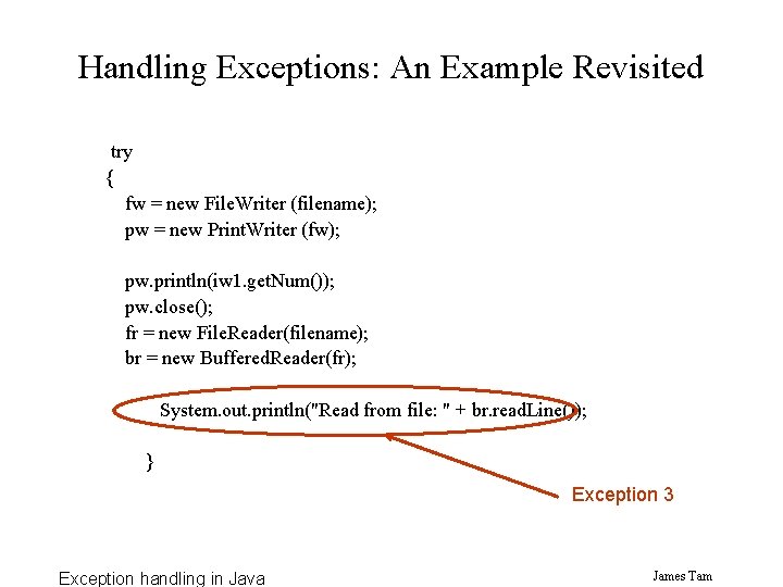 Handling Exceptions: An Example Revisited try { fw = new File. Writer (filename); pw