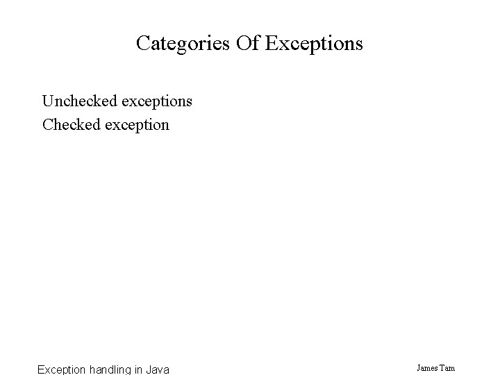 Categories Of Exceptions Unchecked exceptions Checked exception Exception handling in Java James Tam 
