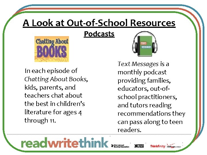 A Look at Out-of-School Resources Podcasts In each episode of Chatting About Books, kids,