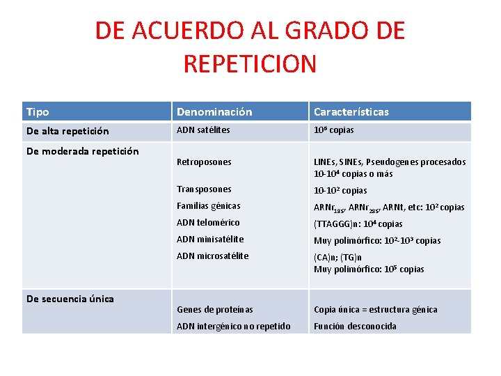 DE ACUERDO AL GRADO DE REPETICION Tipo Denominación Características De alta repetición ADN satélites