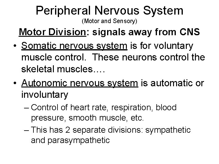 Peripheral Nervous System (Motor and Sensory) Motor Division: signals away from CNS • Somatic