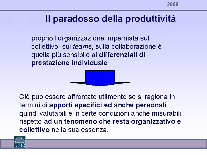 2009 Il paradosso della produttività proprio l’organizzazione imperniata sul collettivo, sui teams, sulla collaborazione