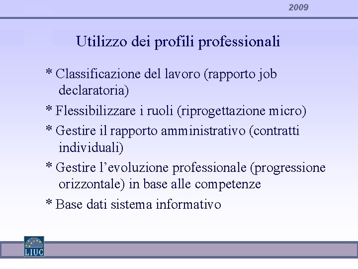 2009 Utilizzo dei profili professionali * Classificazione del lavoro (rapporto job declaratoria) * Flessibilizzare