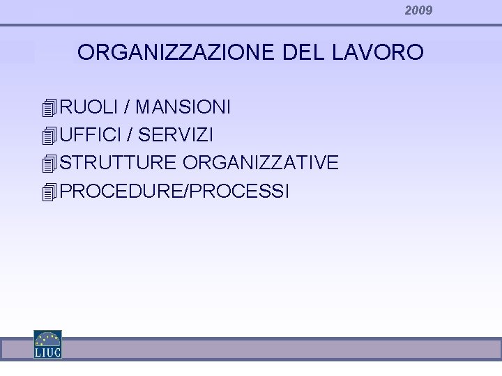 2009 ORGANIZZAZIONE DEL LAVORO 4 RUOLI / MANSIONI 4 UFFICI / SERVIZI 4 STRUTTURE