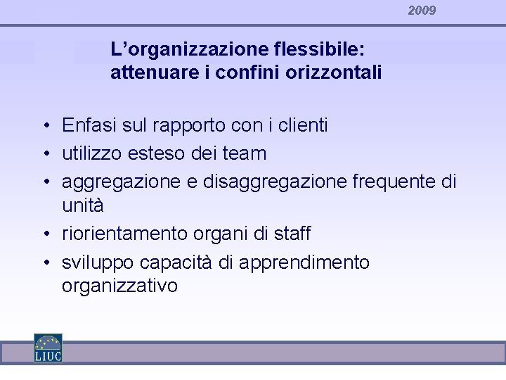 2009 L’organizzazione flessibile: attenuare i confini orizzontali • Enfasi sul rapporto con i clienti