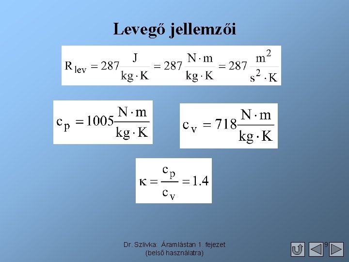 Levegő jellemzői Dr. Szlivka: Áramlástan 1. fejezet (belső használatra) 9 