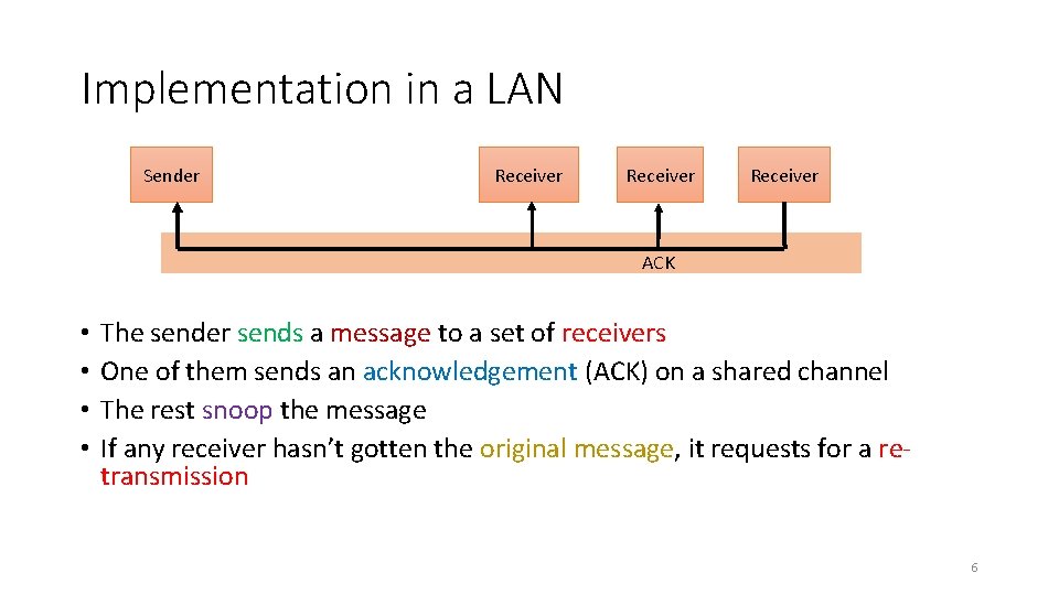 Implementation in a LAN Sender Receiver ACK • • The sender sends a message