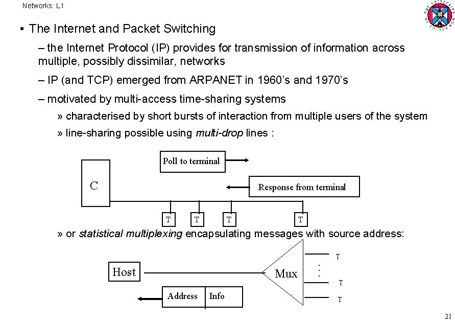 Networks: L 1 • The Internet and Packet Switching – the Internet Protocol (IP)