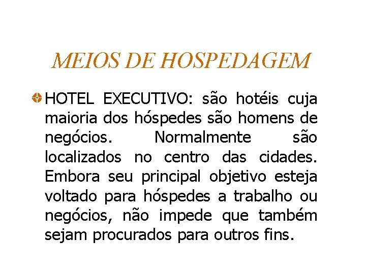 MEIOS DE HOSPEDAGEM HOTEL EXECUTIVO: são hotéis cuja maioria dos hóspedes são homens de