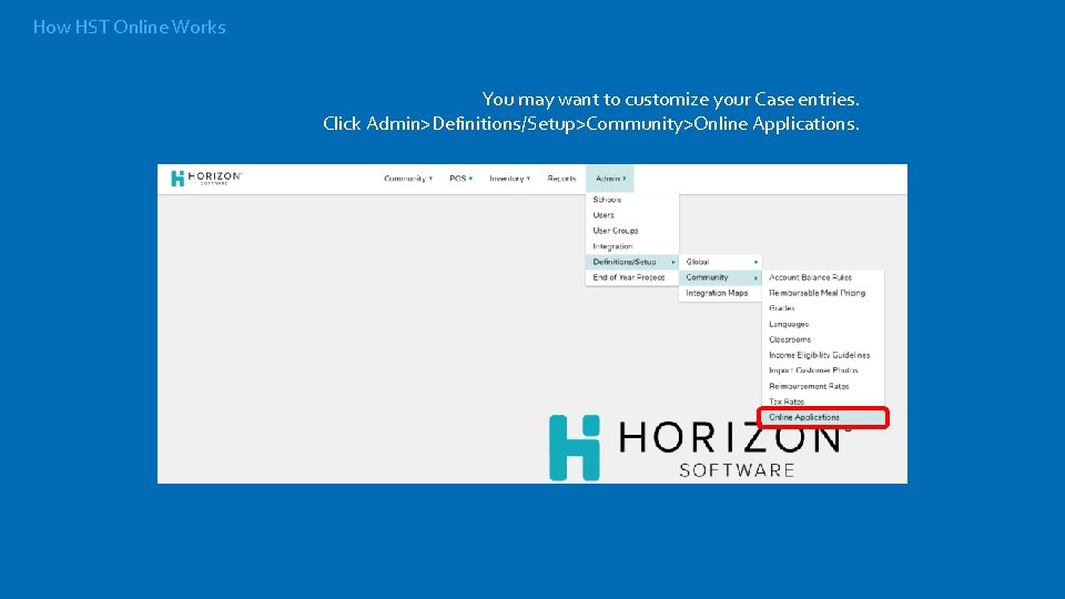 How HST Online Works You may want to customize your Case entries. Click Admin>Definitions/Setup>Community>Online