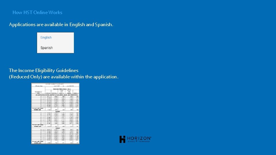 How HST Online Works Applications are available in English and Spanish. The Income Eligibility