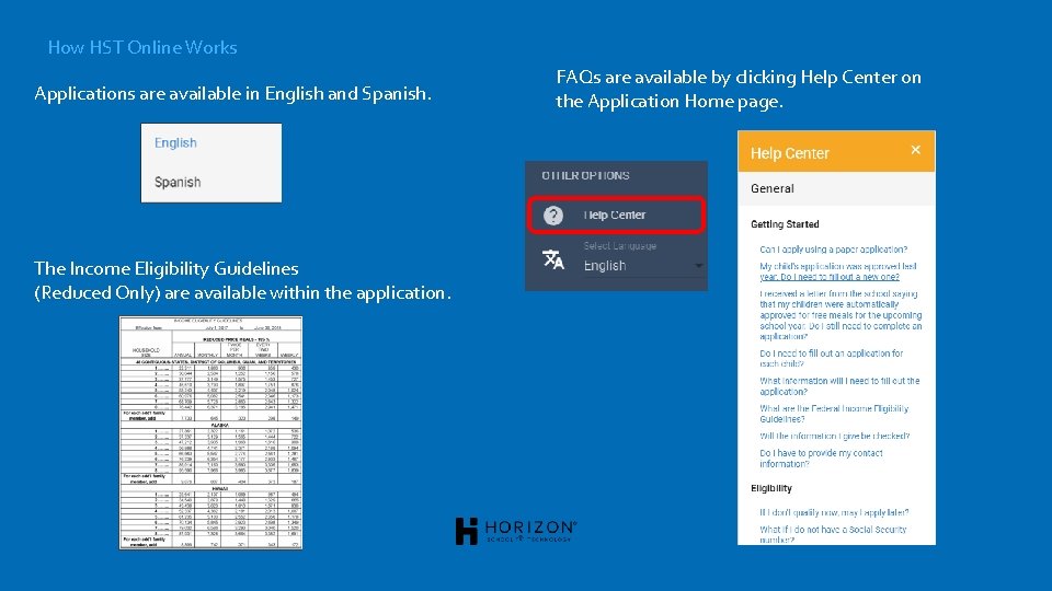 How HST Online Works Applications are available in English and Spanish. The Income Eligibility