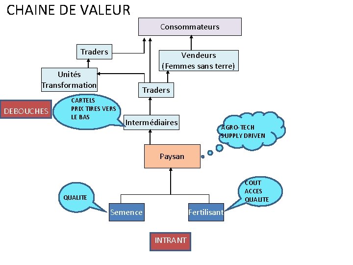 CHAINE DE VALEUR Consommateurs Traders Vendeurs (Femmes sans terre) Unités Transformation DEBOUCHES Traders CARTELS