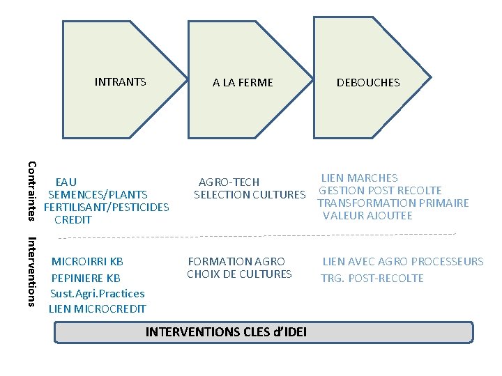 INTRANTS A LA FERME Contraintes EAU SEMENCES/PLANTS FERTILISANT/PESTICIDES CREDIT Interventions MICROIRRI KB PEPINIERE KB