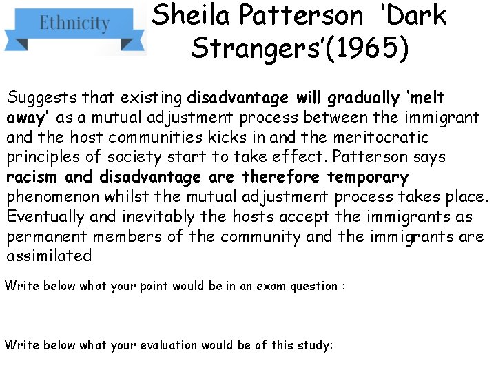 Sheila Patterson ‘Dark Strangers’(1965) Suggests that existing disadvantage will gradually ‘melt away’ as a