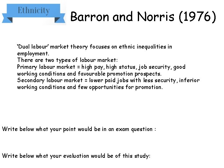Barron and Norris (1976) ‘Dual labour’ market theory focuses on ethnic inequalities in employment.