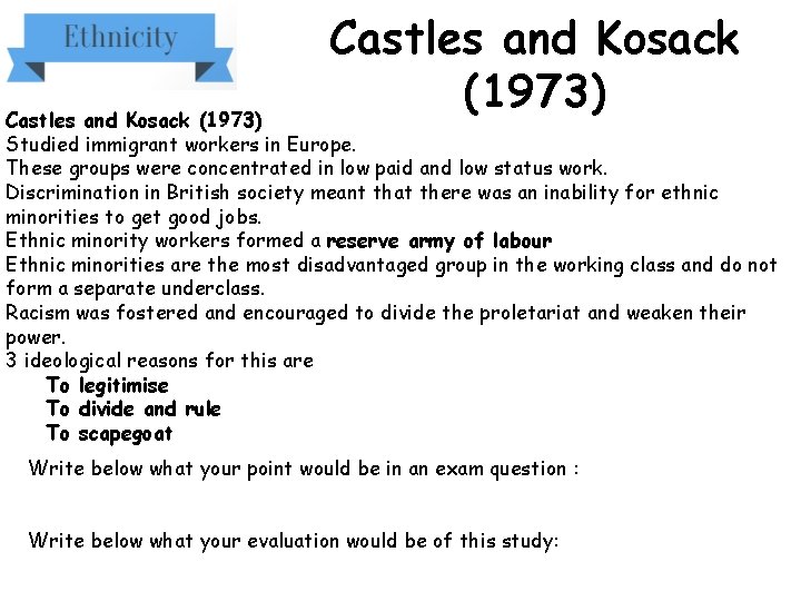 Castles and Kosack (1973) Studied immigrant workers in Europe. These groups were concentrated in