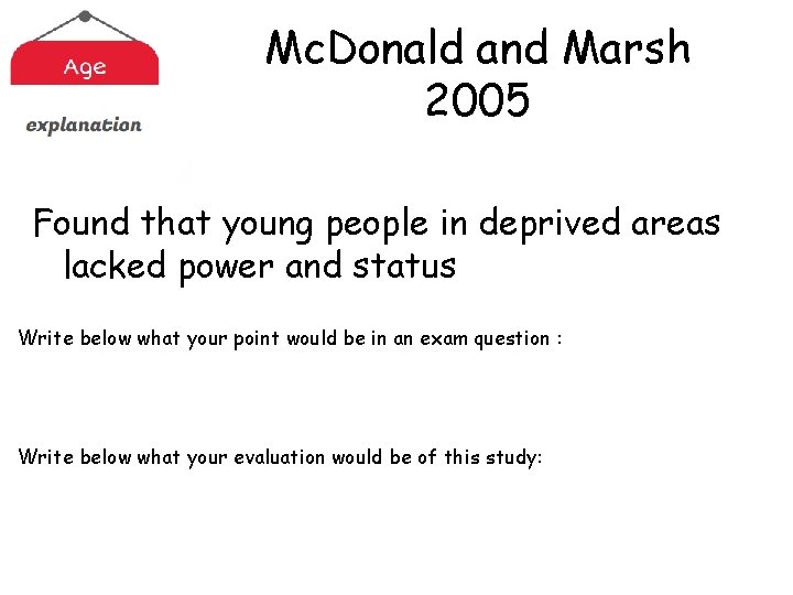 Mc. Donald and Marsh 2005 Found that young people in deprived areas lacked power