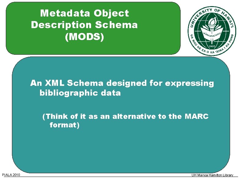 Metadata Object Description Schema (MODS) An XML Schema designed for expressing bibliographic data (Think