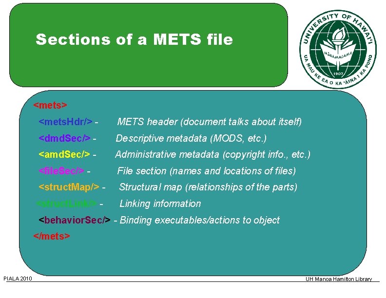 Sections of a METS file <mets> <mets. Hdr/> - METS header (document talks about
