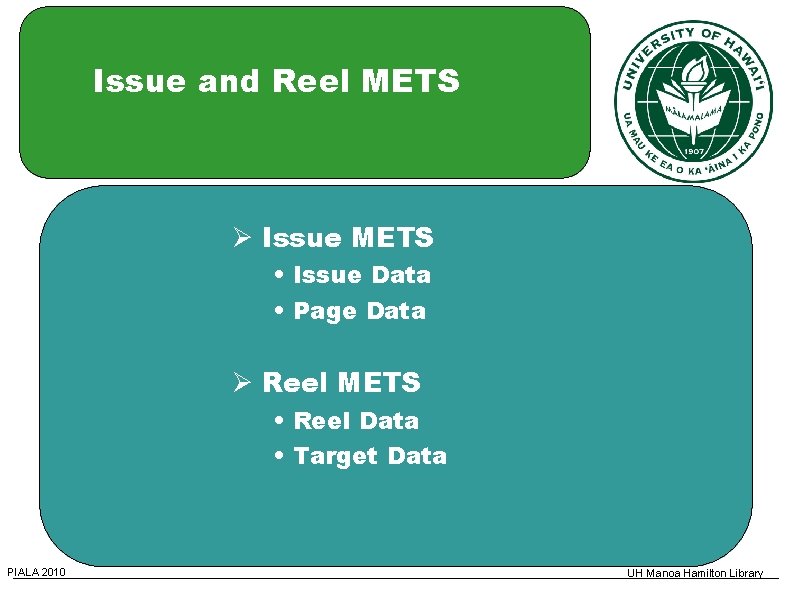 Issue and Reel METS Issue METS • Issue Data • Page Data Reel METS