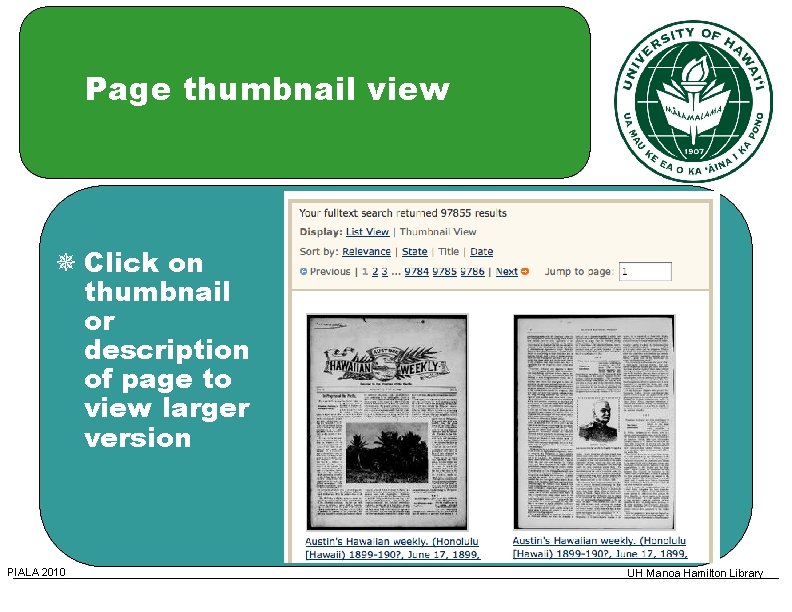 Page thumbnail view Click on thumbnail or description of page to view larger version