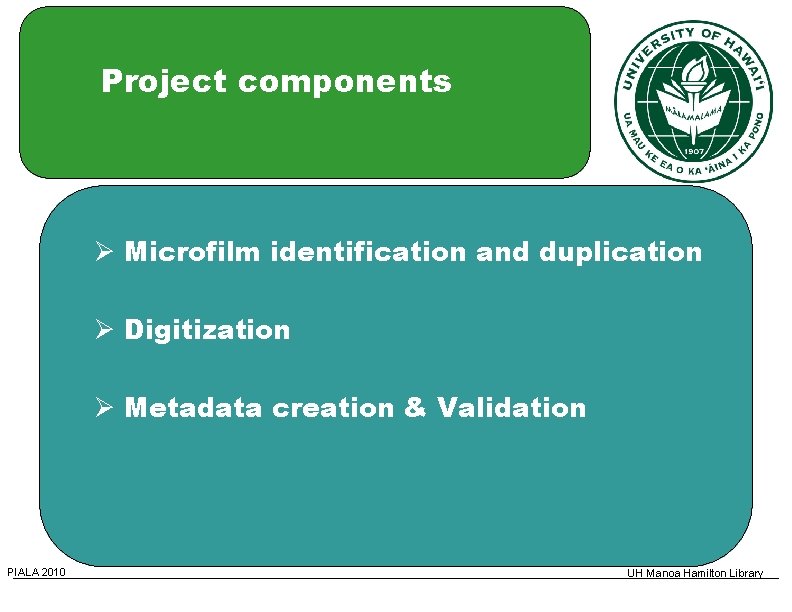 Project components Microfilm identification and duplication Digitization Metadata creation & Validation PIALA 2010 UH