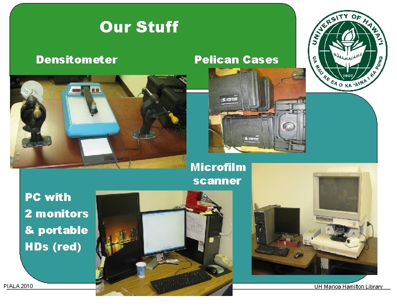 Our Stuff Densitometer Pelican Cases Microfilm scanner PC with 2 monitors & portable HDs