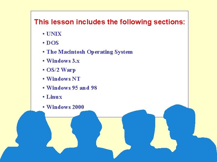 This lesson includes the following sections: • • UNIX DOS The Macintosh Operating System This lesson includes the following sections: • • UNIX DOS The Macintosh Operating System