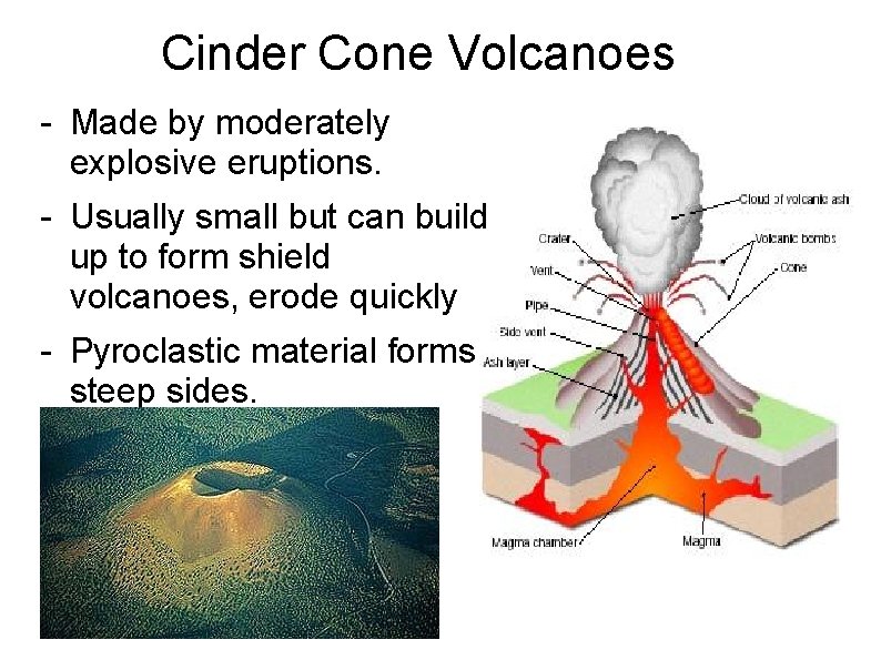 Cinder Cone Volcanoes - Made by moderately explosive eruptions. - Usually small but can